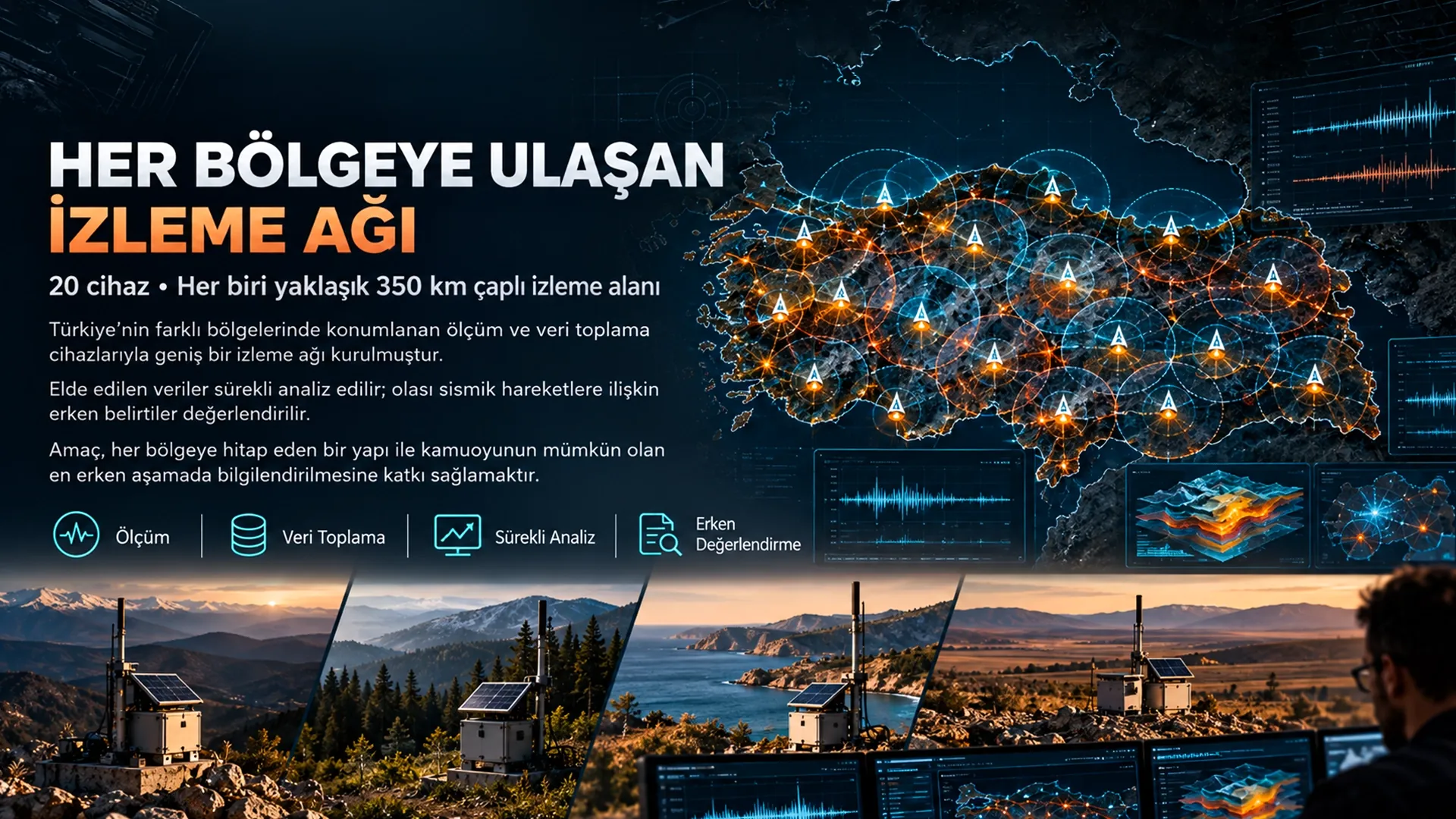 Her bölgeye ulaşan izleme ağı: 20 cihaz, her biri yaklaşık 350 km çaplı izleme alanı.