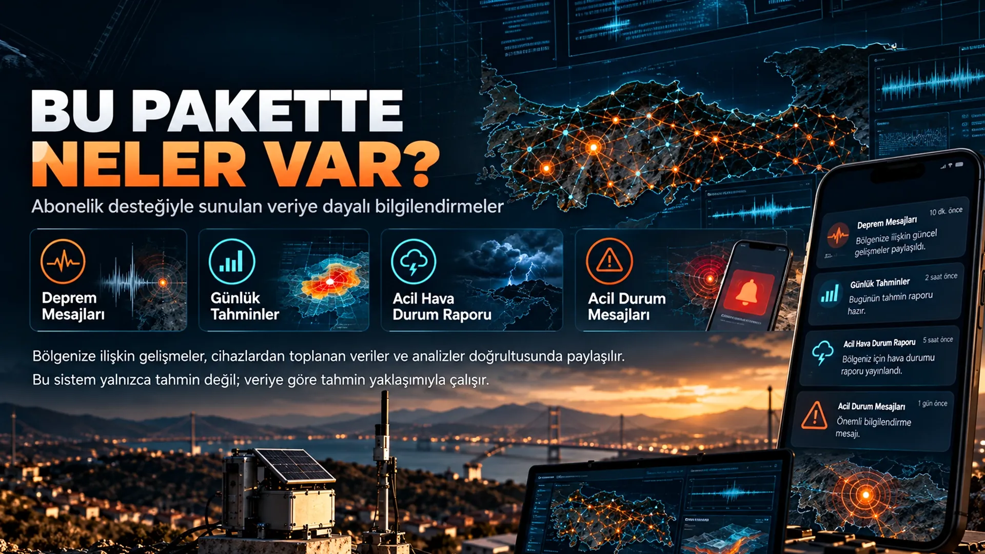 Bu pakette neler var: deprem mesajları, günlük tahminler, acil hava durum raporu, acil durum mesajları.